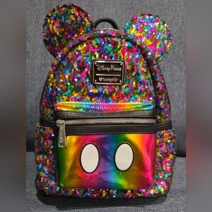 Loungefly Multicolor Sequin Mickey Ears Mini Backpack with Rainbow Pocket
